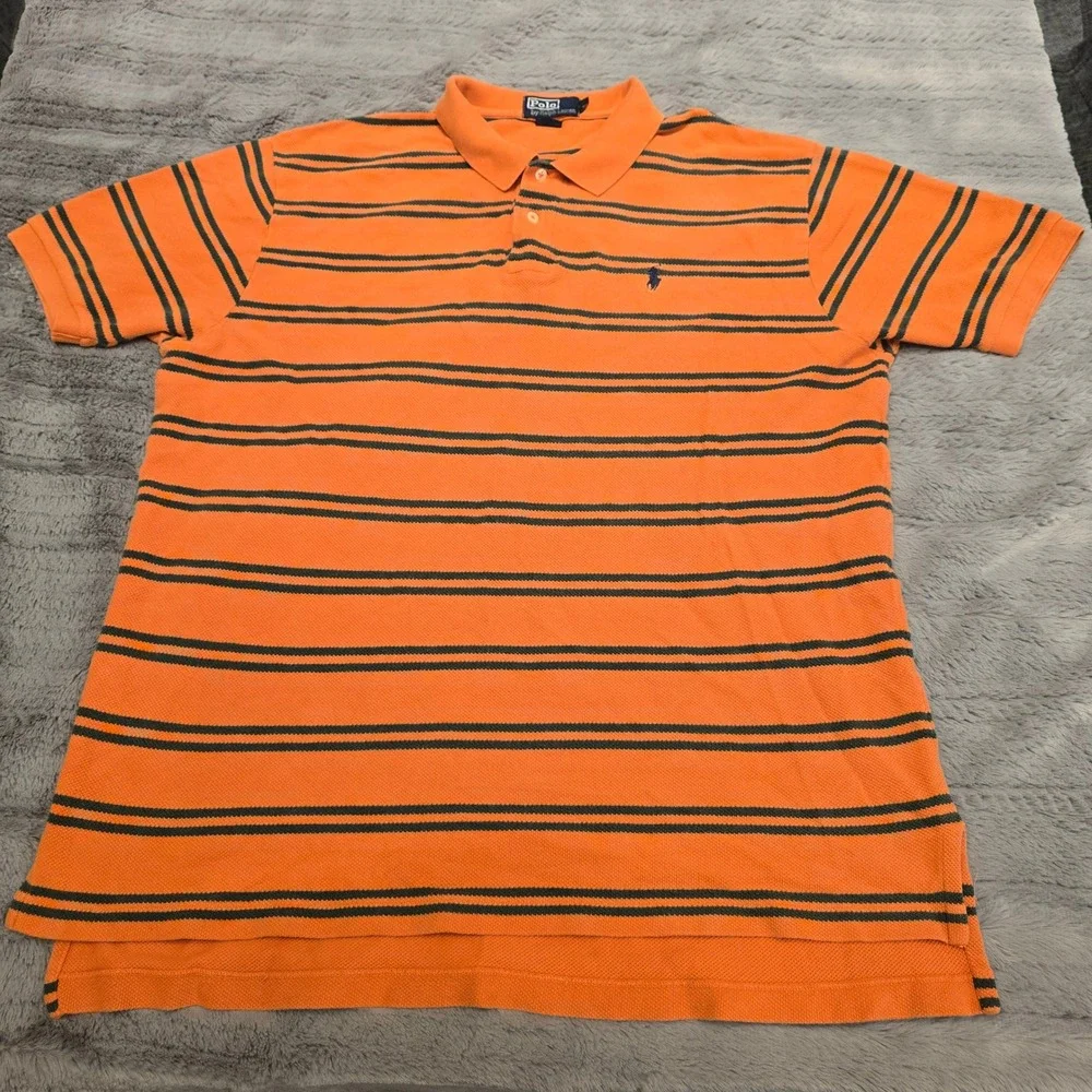 Polo Ralph Lauren Mens‎ XL Orange Navy Blue Striped Cotton Pique Polo Shirt